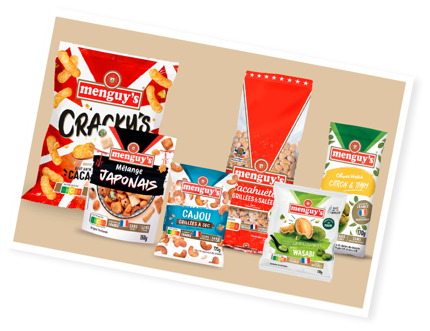 Packagings de snacks Menguys pour un apéro savoureux.